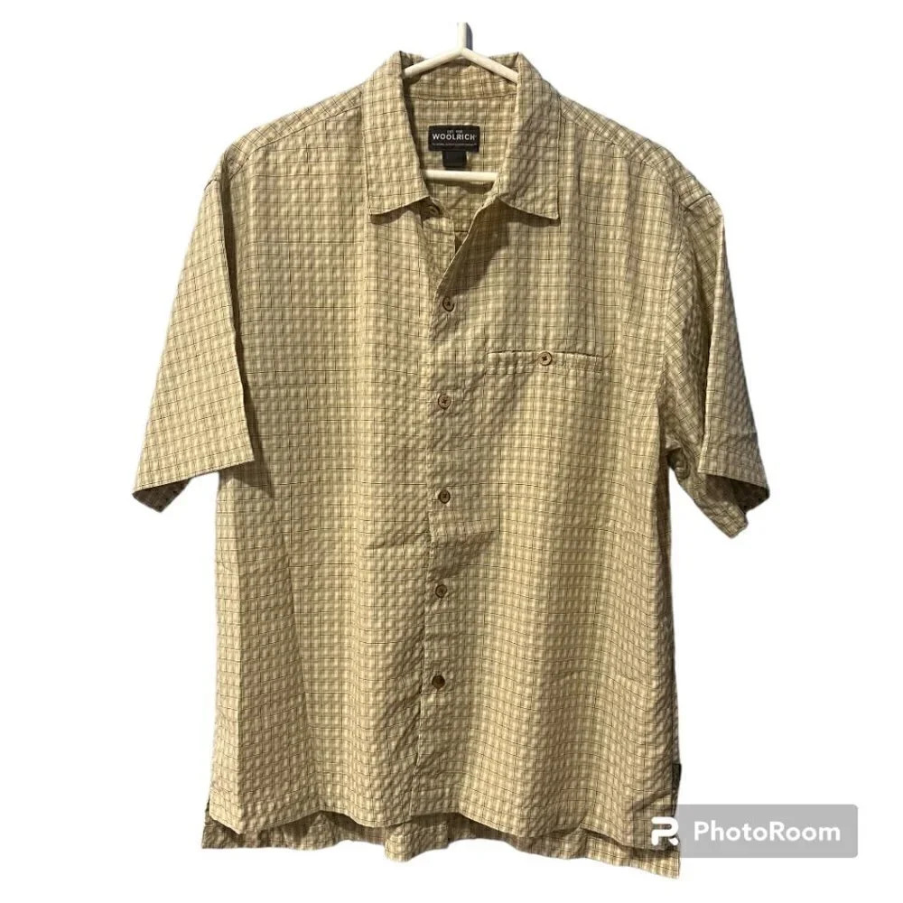 Woolrich Mens‎ Short Sleeve Button Down Shirt Tan Khaki Plaid Textured Outdoor L